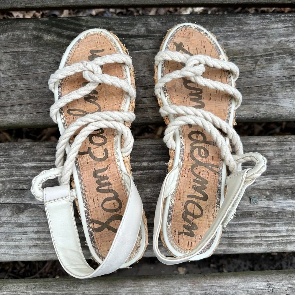 Sam Edelman Cristan Ivory Rope Strappy Espadrille Sandals White Leather Size 8.5